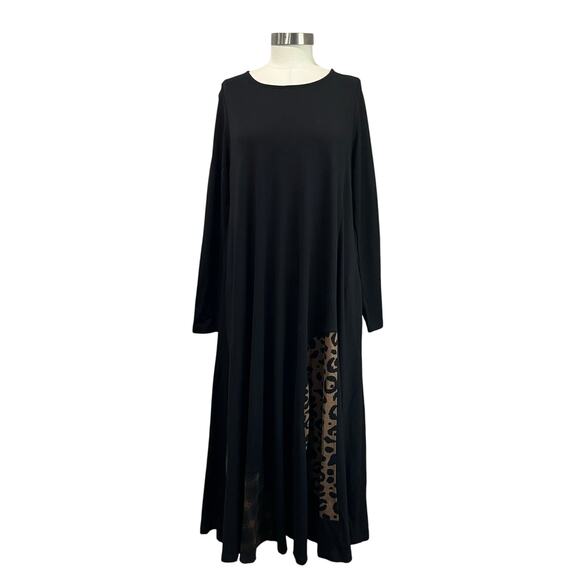 Alembika Black Maxi Dress Leopard Print Panel Long Sleeve Size 5 Lagenlook - Picture 1 of 10